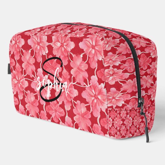 Hot Pink Floral Monogram Name Script Toiletry Bag Toilettasje (Rechterhoek)
