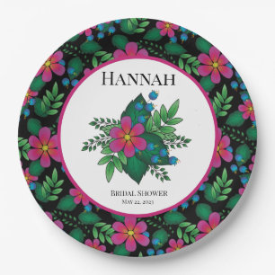  Hot Pink Floral op zwart Papieren Bordje