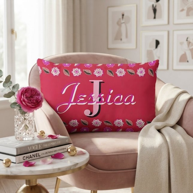 Hot Pink Floral Pattern Personalized Monogram  Kussen (Creator heeft geüpload)