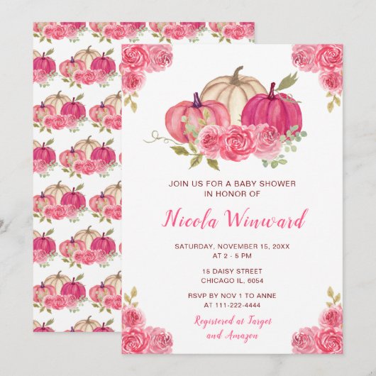 Hot Pink Floral Pumpkins Baby shower Kaart (Voorkant / Achterkant)