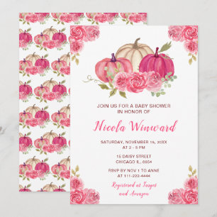 Hot Pink Floral Pumpkins Baby shower Kaart