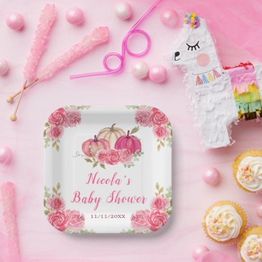 Hot Pink Floral Pumpkins Baby shower Papieren Bordje (Feest)