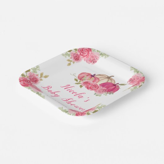 Hot Pink Floral Pumpkins Baby shower Papieren Bordje (Gebogen)