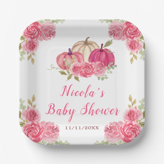 Hot Pink Floral Pumpkins Baby shower Papieren Bordje (Voorkant)