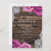 Hot Pink Floral Rozen Rustic Wood & Lace Wedding Kaart (Voorkant)