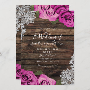 Hot Pink Floral Rozen Rustic Wood & Lace Wedding Kaart