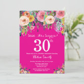 Hot Pink Floral Surprise 30e verjaardag uitnodigin Kaart (Staand voorkant)