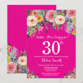 Hot Pink Floral Surprise 30e verjaardag uitnodigin Kaart (Voorkant / Achterkant)