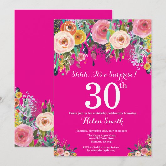 Hot Pink Floral Surprise 30e verjaardag uitnodigin Kaart (Voorkant / Achterkant)