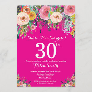 Hot Pink Floral Surprise 30th Birthday Invitation Kaart
