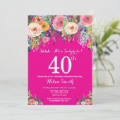 Hot Pink Floral Surprise 40e verjaardag uitnodigin Kaart (Staand voorkant)