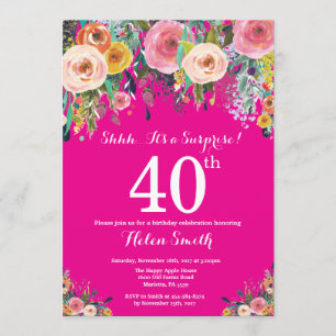 Hot Pink Floral Surprise 40th Birthday Invitation Kaart