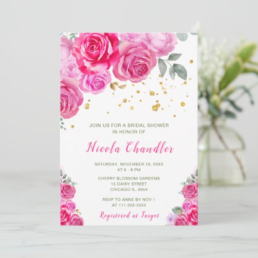 Hot Pink Floral Vrijgezellenfeest Kaart (Staand voorkant)