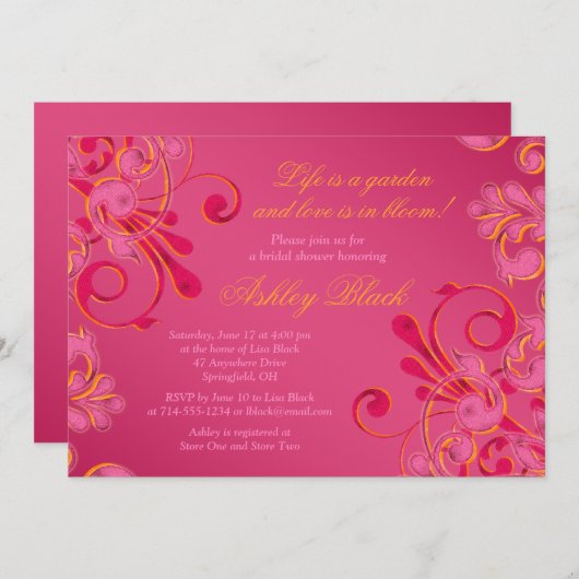Hot Pink Floral Weddenschap Bridal Shower Uitnodig Kaart (Voorkant / Achterkant)
