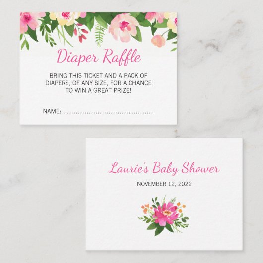 Hot Pink Flowers Baby shower Luier Raffle Ticket (Voorkant / Achterkant)