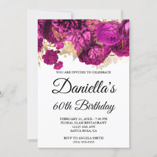 Hot Pink Flowers Gold Foil Glam 60th Birthday Kaart