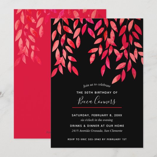 Hot Pink Foliage Black Birthday-uitnodigingen (Voorkant / Achterkant)