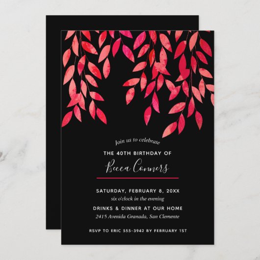 Hot Pink Foliage Black Birthday-uitnodigingen (Voorkant / Achterkant)