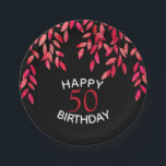 Hot Pink Foliage op Black Birthday Party Papieren Bordje<br><div class="desc">Elegante blaadjes geschilderd in tinten van heet roze, rood en sinaasappel op een zwarte achtergrond lijst Happy Birthday en de eregast in chique belettering. Wijzig de zwarte kleur achter het blad in een willekeurige kleur om aan te passen aan uw feestthema. **TIP: Klik op de knop AANPASSEN (of pas verdere...</div>