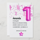 Hot-Pink Folie Balloon 1e Verjaardagsuitnodiging Kaart (Voorkant)