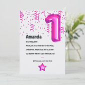 Hot-Pink Folie Balloon 1e Verjaardagsuitnodiging Kaart (Staand voorkant)