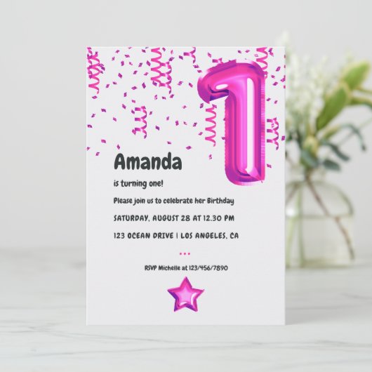 Hot-Pink Folie Balloon 1e Verjaardagsuitnodiging Kaart (Staand voorkant)