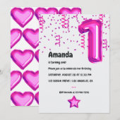 Hot-Pink Folie Balloon 1e Verjaardagsuitnodiging Kaart (Voorkant / Achterkant)