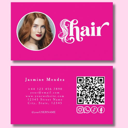 Hot Pink Foto QR Code Haarstudio Visitekaartje