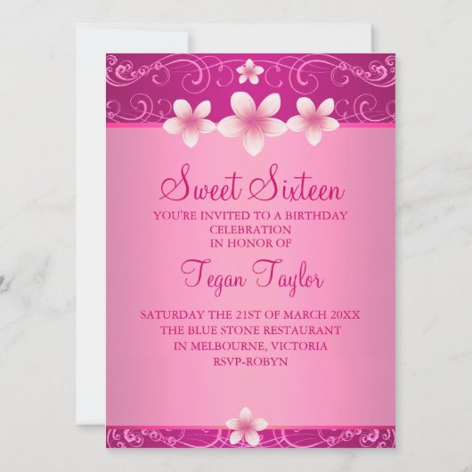 Hot Pink Frangipani Sweet16 Verjaardag Uitnodiging (Achterkant)