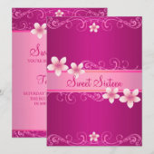 Hot Pink Frangipani Sweet16 Verjaardag Uitnodiging (Voorkant / Achterkant)