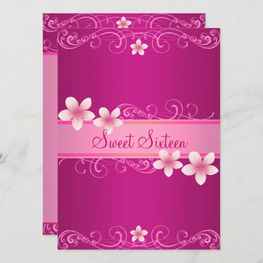 Hot Pink Frangipani Sweet16 Verjaardag Uitnodiging (Voorkant / Achterkant)