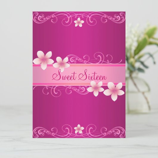 Hot Pink Frangipani Sweet16 Verjaardag Uitnodiging (Staand voorkant)
