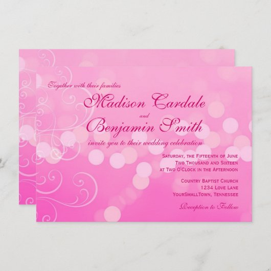 Hot Pink Fuchsia Bokeh Wedding Invitations Kaart (Voorkant / Achterkant)