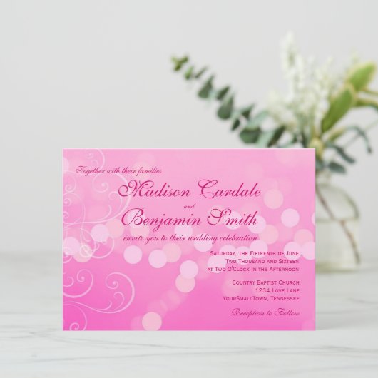 Hot Pink Fuchsia Bokeh Wedding Invitations Kaart (Staand voorkant)