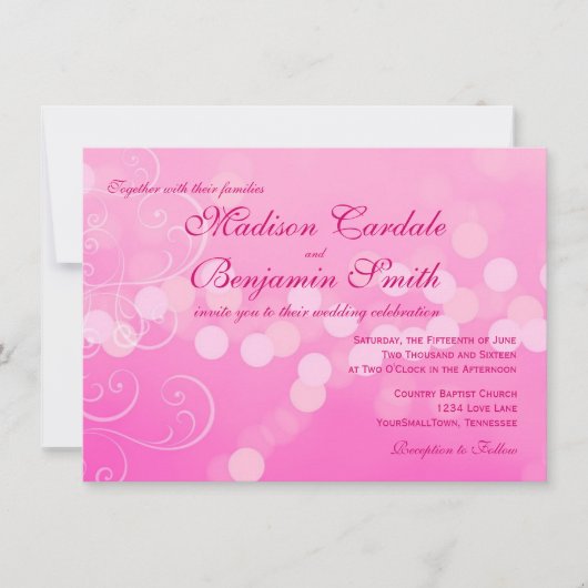 Hot Pink Fuchsia Bokeh Wedding Invitations Kaart (Voorkant)