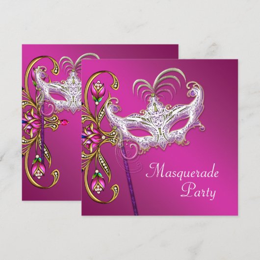 Hot Pink Fuchsia Roze Masquerade Party Kaart (Voorkant / Achterkant)