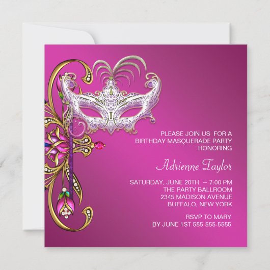 Hot Pink Fuchsia Roze Masquerade Party Kaart (Achterkant)