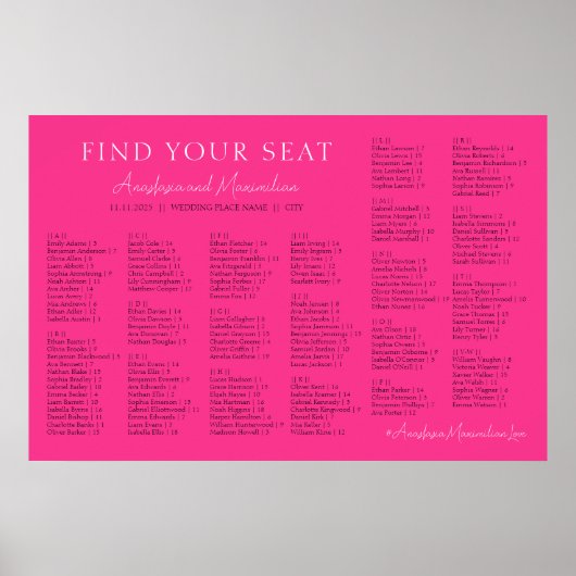 Hot Pink Fuchsia Wedding Alphabetical Seating Poster (Voorkant)