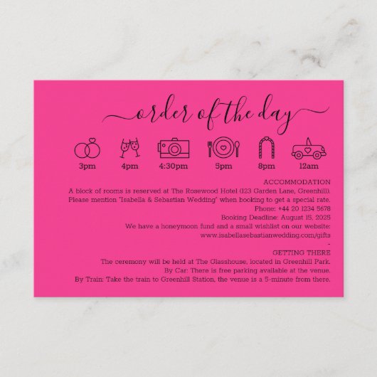 Hot Pink Fuchsia Wedding Details Order Of The Day Informatiekaartje (Voorkant)