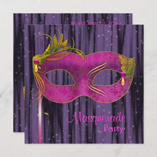 Hot Pink Fuchsia Zwart Paarse Masquerade Party Kaart (Voorkant / Achterkant)
