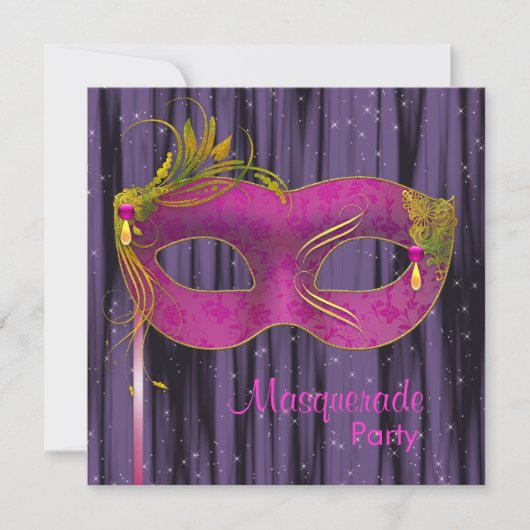 Hot Pink Fuchsia Zwart Paarse Masquerade Party Kaart (Voorkant)