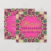 Hot Pink Fun Bloemen Verjaardagsfeest Uitnodiginge Kaart (Voorkant / Achterkant)