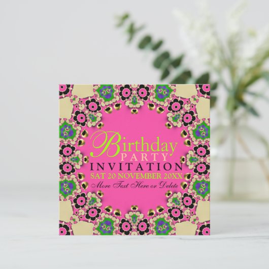 Hot Pink Fun Bloemen Verjaardagsfeest Uitnodiginge Kaart (Staand voorkant)