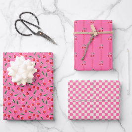 Hot Pink Funky Retro Berry Cherry en Checkers Inpakpapier Vel