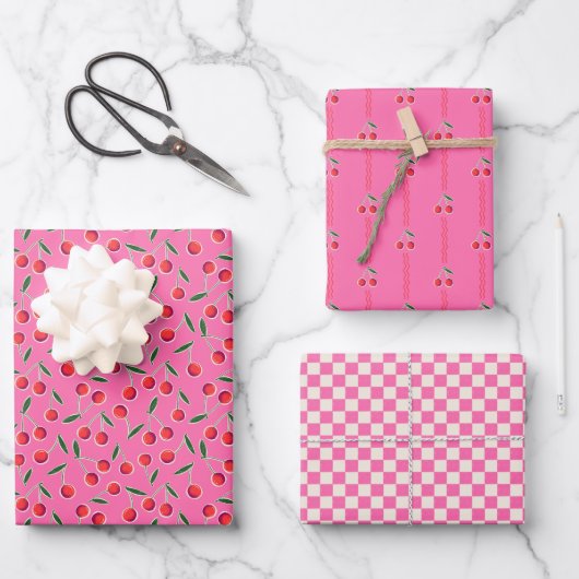 Hot Pink Funky Retro Berry Cherry en Checkers Inpakpapier Vel (Voorkant)