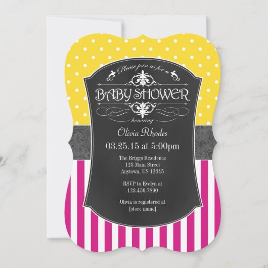 Hot Pink Geel Gray Chalkboard Stripe Baby shower Kaart (Voorkant)