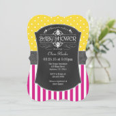 Hot Pink Geel Gray Chalkboard Stripe Baby shower Kaart (Staand voorkant)