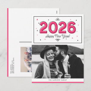 Hot Pink Geometrische Typografie Foto Gelukkig Nie Feestdagenkaart