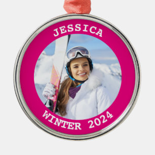 Hot Pink Gepersonaliseerde Ronde Familie Foto Metalen Ornament