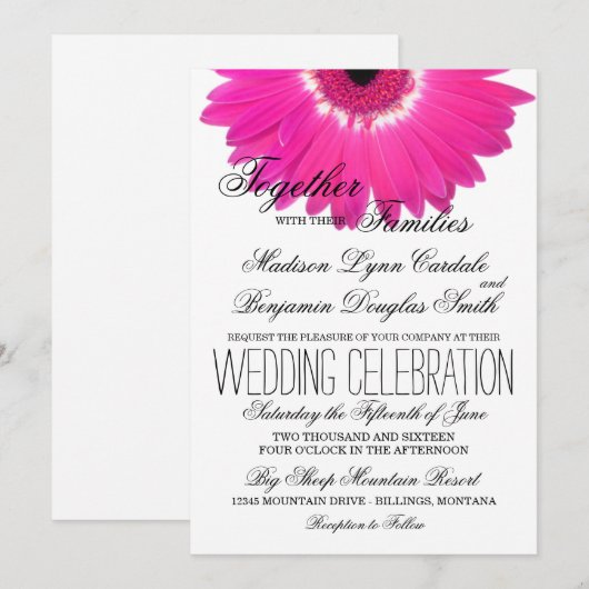 Hot Pink Gerber Daisy Flower Wedding Invitations Kaart (Voorkant / Achterkant)